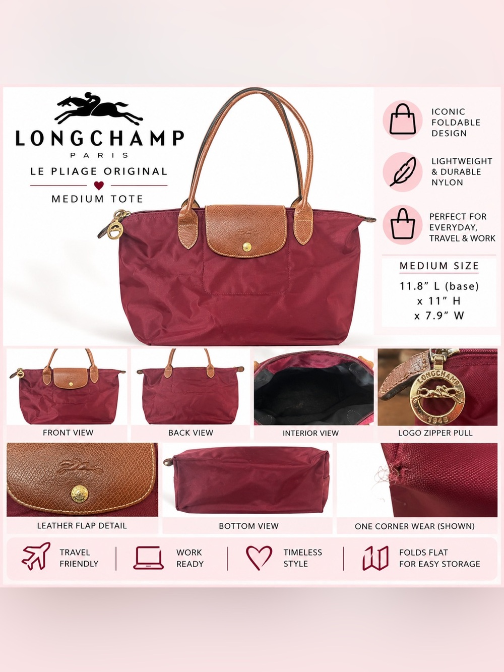 Longchamp Le Pliage Medium Burgundy Nylon Leather Tote Bag